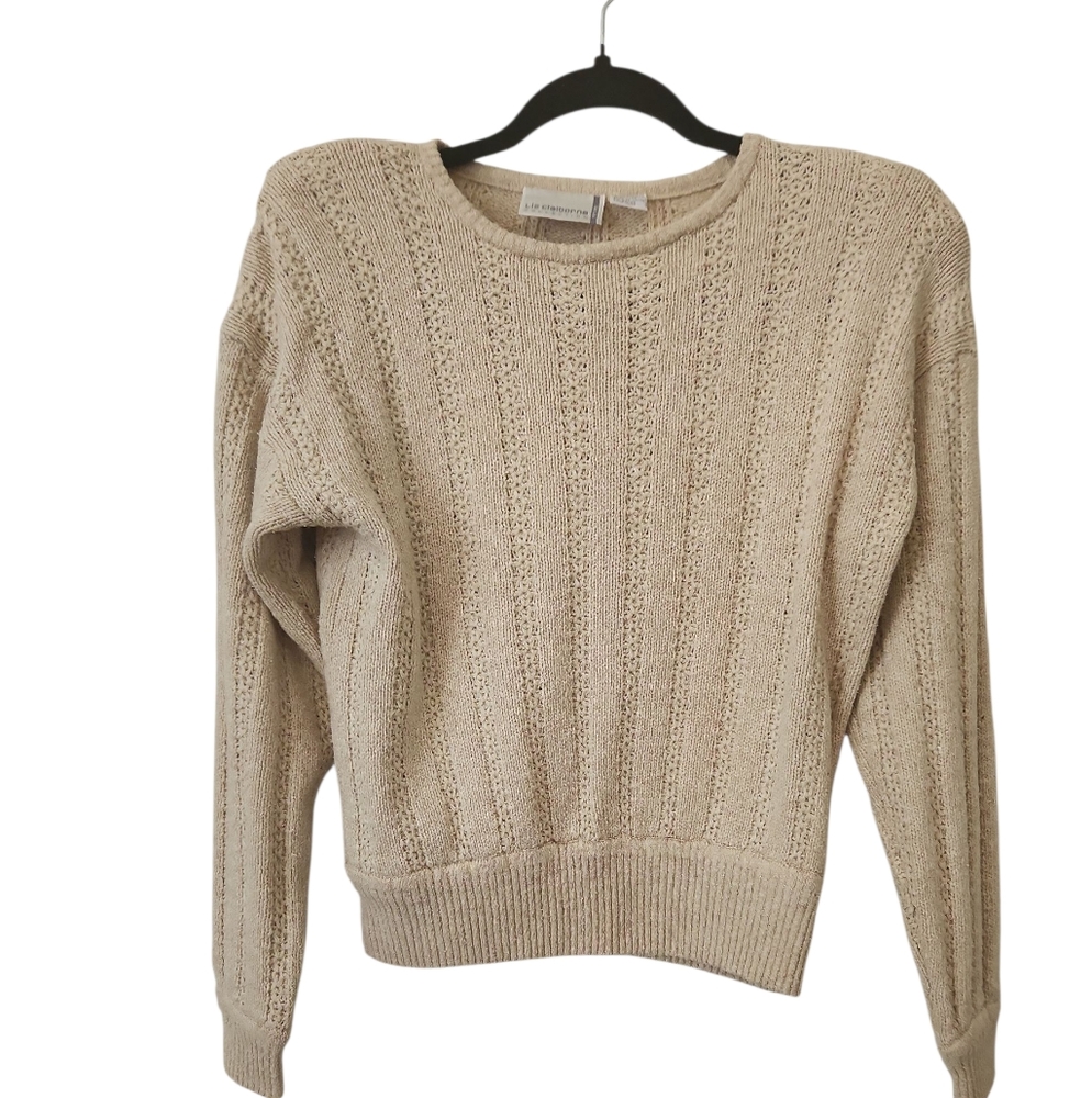 Vintage Liz Claiborne Women's Beige/Tan Padded Shoulder Silk Knit Sweater SizeSP